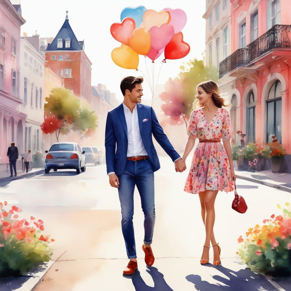 A whimsical fashion scene featuring a stylish couple in a vibrant urban setting, adorned in trendy outfits with playful patterns and romantic hues. Surround them with heart-shaped balloons and blooming flowers, exuding a sense of fun and affection. Incorporate soft sunlight filtering through, adding a dreamy atmosphere. Illustrate details like chic accessories and playful footwear. vibrant colors. watercolor style.