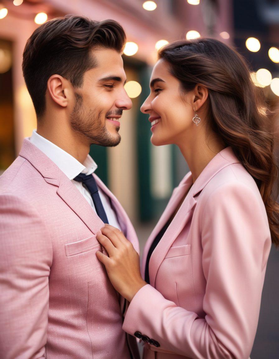A stylish couple sharing a playful moment in a chic urban setting, surrounded by twinkling fairy lights. The man is wearing a trendy blazer with a subtle print, and the woman is in an elegant dress with bold colors, both radiating confidence and charm. Include elements representing love and flirtation, like hearts in the background or soft pink tones. Capture the essence of a romantic date night. super-realistic. vibrant colors. urban ambiance.